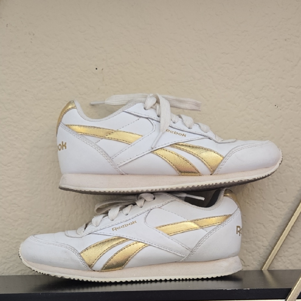 Reebok White and Gold Classic Sneakers